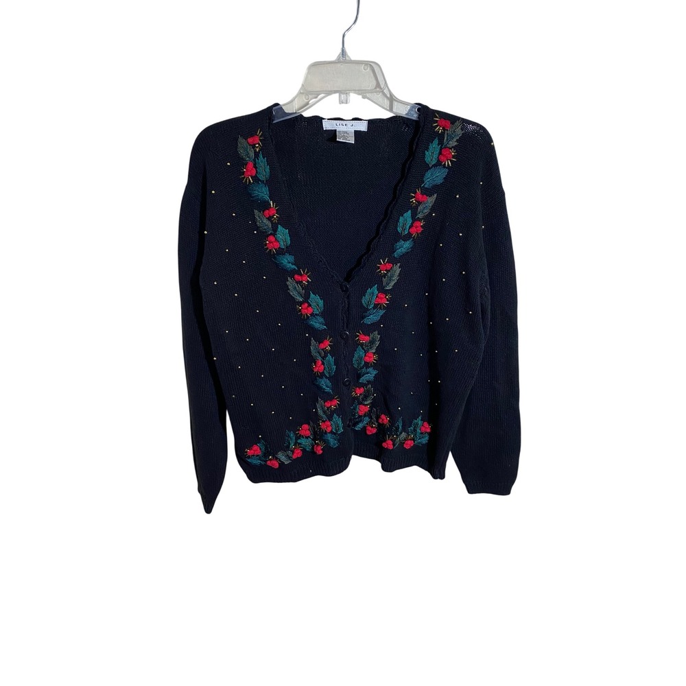 Lise J Womens Black Embroidered Beaded Floral Cardigan Sweater‎ Ramie Cotton L